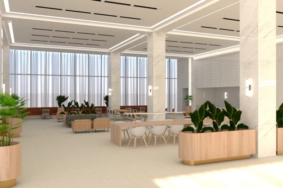 An image of modern and spacious interior of OP Tower, highlighting its sustainable design and productivity-focused workspace.