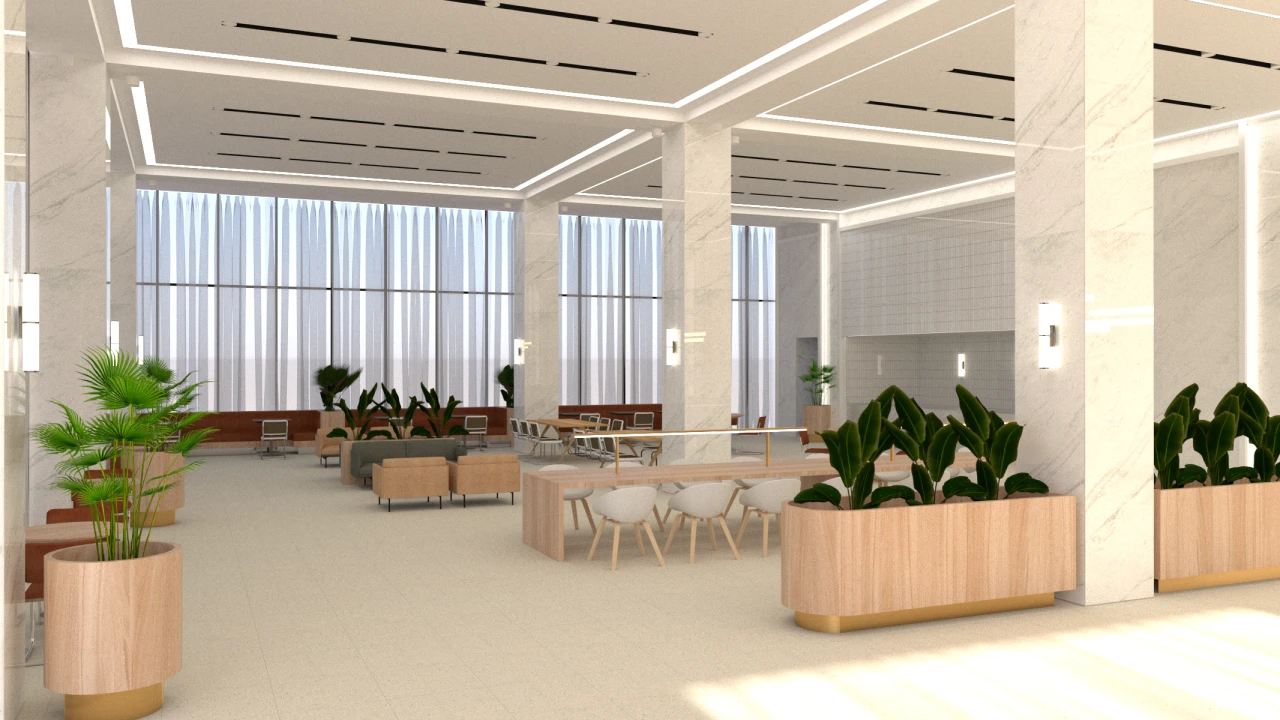 An image of modern and spacious interior of OP Tower, highlighting its sustainable design and productivity-focused workspace.